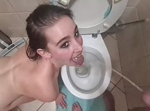 Bitch licking piss stream from her master