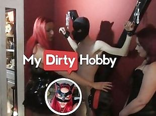 MyDirtyHobby - RedCatUgly & Her Friends Give A Guy His First Blowjob On An X Cross In Latex Dresses