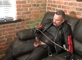 Leather guy uses penis pump on his uncut cock and cums PREVIEW