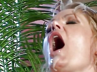 Blonde milf gets hardcore pussy fuck on the sofa with a stud&#039;s fat dick