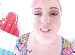 Pink haired cutie swallows a big cock in POV