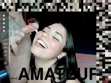 amateur blowjob and cum on face on webcam - brunette