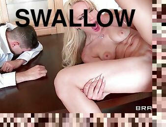 Shaved pussy blonde slut is made to cum swallowing boca