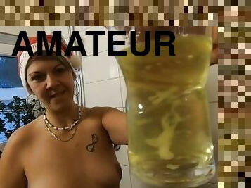 pissing, amatør, blowjob, cumshot, hjemmelaget, par, svelging, pov, cum, jul