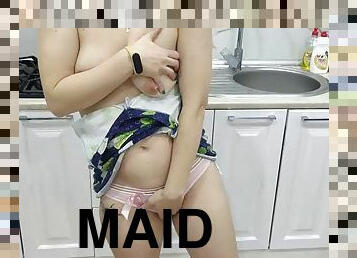 The man who owns the house met the maid in her kitchen and fucked her hairy pussy and cum on her stomach and hairy pussy