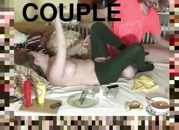 Mukbang and than cuddle by real married couple. Conversation. Cotton pantyhose. Green stockings