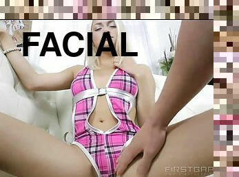 Anal gaping blonde slut gets her face blasted with cum