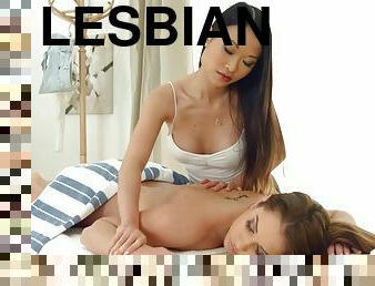 asiatique, masturbation, lesbienne, massage, brunette