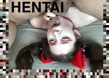 Huge Cock Balls Deep in Tiny Hentai Anime Chick with Ahegao Throbbing Cum in Throat