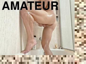 mandi, mastubasi, amatir, penis-besar, sentakkan, cantik, mandi-shower, penis