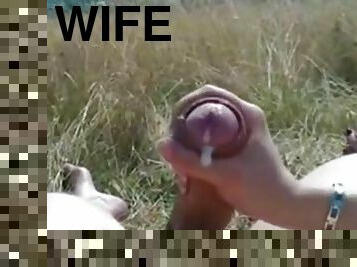Wife's handjob milks monster uncut cock for precum before big load