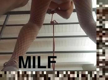 Laura on Heels sexy milf 2024 bondage blowjob fucking in fishnet and high heels with cum in moutth