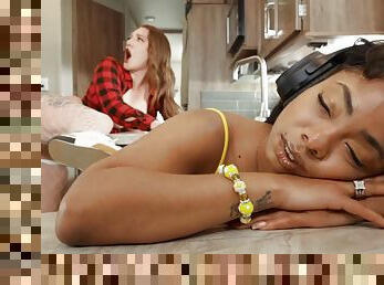 Randy Aria Kai makes love with hung dude next to sleeping black girl