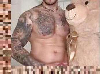 BoyGym hunk tattoed boy play with his cock and teddy bear