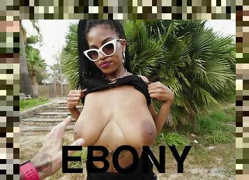 Naughty ebony girl lets me touch her appetizing big natural tits!