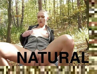 Slutty blonde babe with natural tits gets fucked outdoors