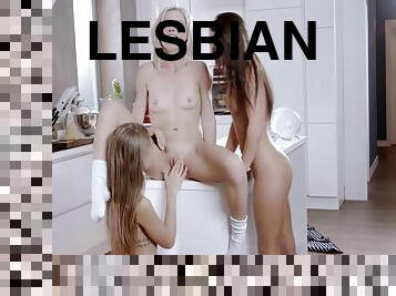 lesbienne, ados, pornstar, trio, cuisine, horny, blonde