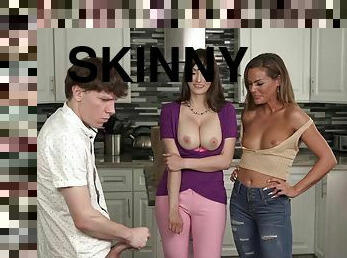 Skinny youngster fucks two shameless MILFs