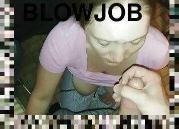 A quick blowjob and a big load of cum. she swallows it