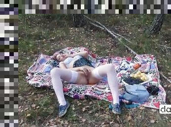 masturbation, en-plein-air, collants, chatte-pussy, écolière, amateur, babes, doigtage, rousse, bas