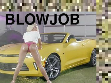 Blonde babe fucked on a sport car