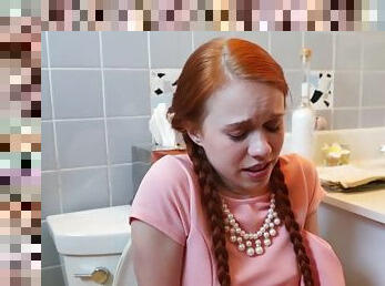 Pigtailed redhead teen dolly little sucking fat prick in the bathroom