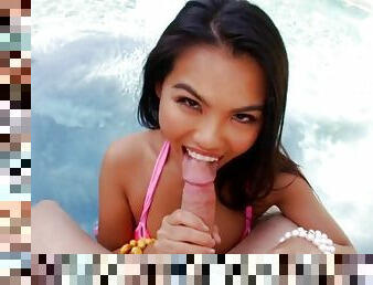 Naughty asian slut cindy starfall jerking his dick in the swimming pool