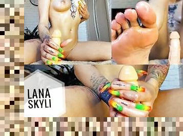 Girl with long nails handjob and footjob dildo in oil