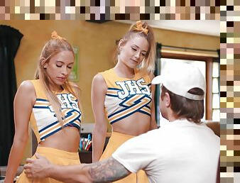 Aroused cheerleaders are set to share dick for the first time together
