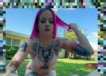 Pink-haired slut with tattoos sucks big beautiful male stick in POV