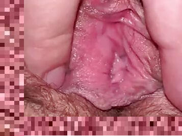 Admire my wifes hairy bush and her pink pussy with creampie