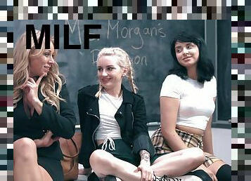 Schoolgirls go mutual with their MILF teacher in a hot lesbian trio