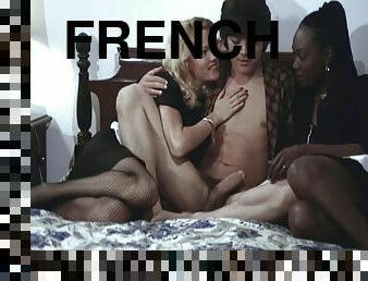 poilue, femme-de-ménage, ébène, interracial, vintage, française, trio, bas, blonde