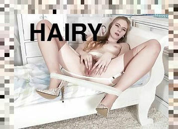 Hairy-pussied Babe Self-satisfies Herself In Seamed Vintage Stockings