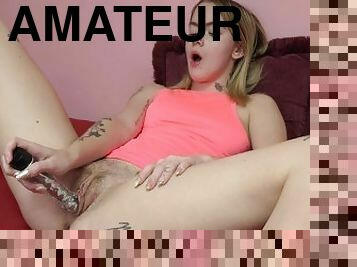 onani, amatør, tenåring, leke, hjemmelaget, kåt, blond, knulling-fucking, dildo, vagina