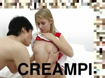 Cute blonde teen gives late christmas creampie gift