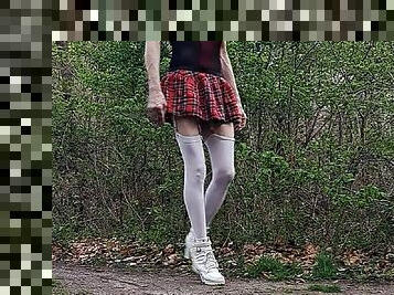 Big cock amateur crossdresser exhibition in drill schoolgirl outfit garter belt and heel