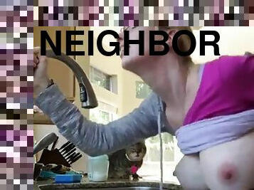 Big tits neighbor fucked over the kitchen sink