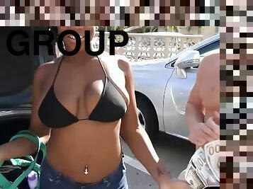 Group of girls pursuaded to their breasts for money flashed