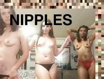 Three topless sluts doing the cha cha slide dance