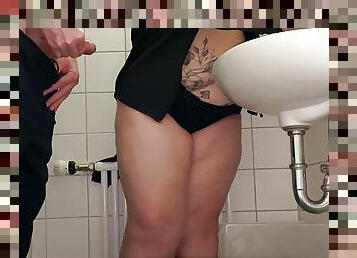Masturbating mother-in-law jerks off son-in-law&#039;s dick in the public toilet of the mall
