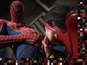 Spider man rams gorgeous brunette super hero and floods her tits