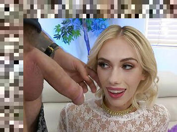 Blonde babe ends tryout with monster dick by taking jizz on face