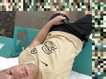 muscled boy Super risky jerk and cum at busstop while waiting for the bus