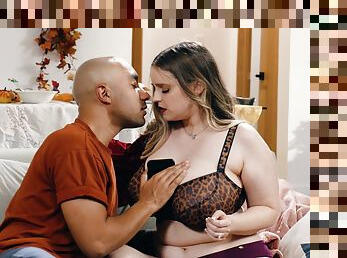 Chubby slut Codi Vore takes cum on her massive boobs after servicing BBC