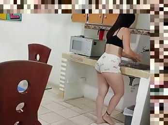 blowjob-seks-dengan-mengisap-penis, sudut-pandang, dapur, muda-diatas-18, ibu-mother, penis