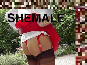 Fuckable ass in red miniskirt and nylon stockings