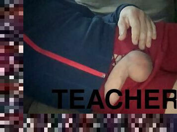 Stroking in gym teachers shorts, online video chat with another coach
