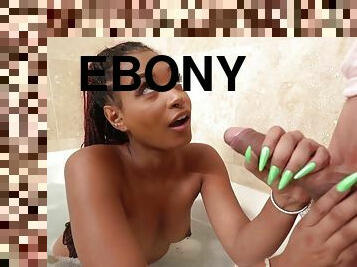 Ebony beauty loves throating the dick wet before feeling it in her cunt