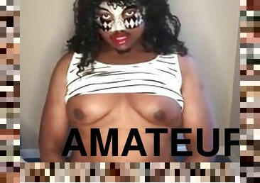 Chubby crossdresser in mask plays with tits and twerks